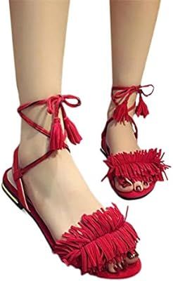 AIMTOPPY Women's Gladiator Braided Fringe Flat with Lace Up Sandal with Tassel (US:7.5, Red) | Amazon (US)