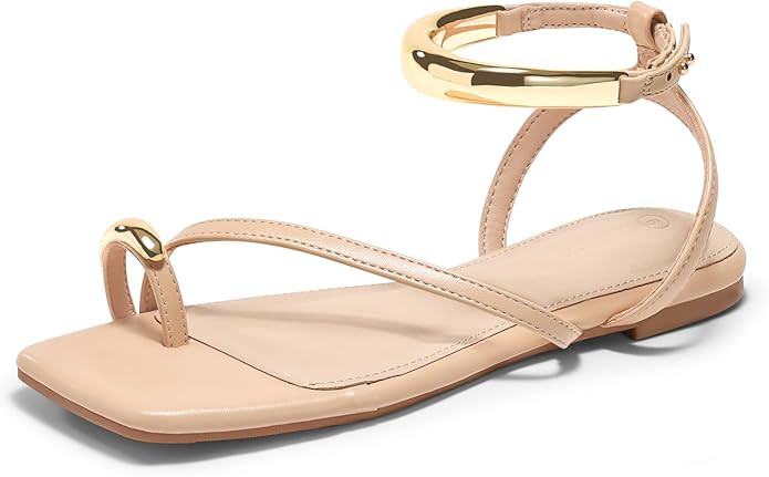 Coutgo Womens Strappy Flat Sandals Flip Flops Open Toe Ring Sandals Metal Ankle Strap Summer Beac... | Amazon (US)