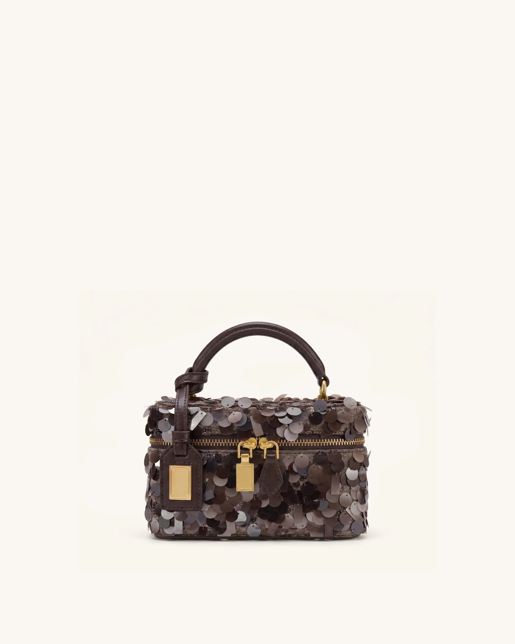 Cleo Metallic Sequin Box Shape Top Handle Bag - Brown | JW PEI US