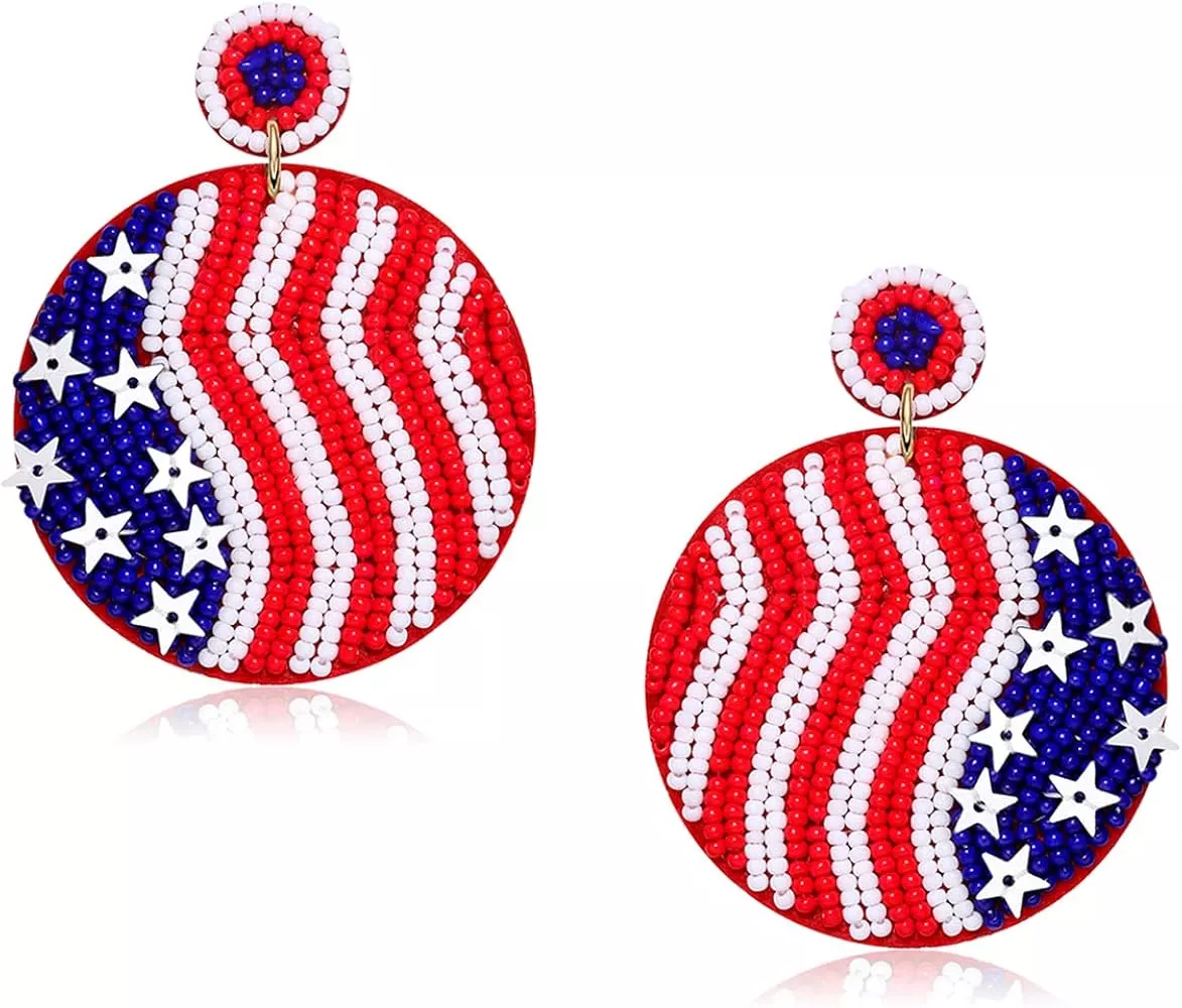 Patriotic 4th of July Earrings Handmade Flag Beaded Drop Earrings Red White Blue Heart Independen... | Amazon (US)