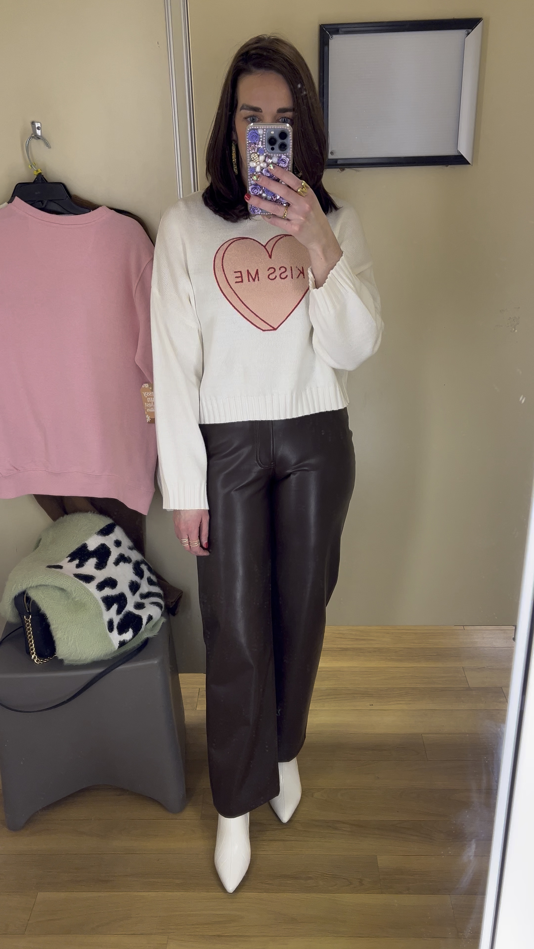Kiss me heart cropped white sweater (small). Dark brown straight leg leather pants (27). White boots (8.5). #valentinesoutfit #valentinesdayoutfit #sweater #sweaters #croppedsweater #whitesweater #kissmesweater #darkbrownpants #leatherpants #pants #straightlegpants #winteroutfit Valentine’s Outfit 

#LTKStyleTip #LTKFindsUnder100 #LTKSeasonal