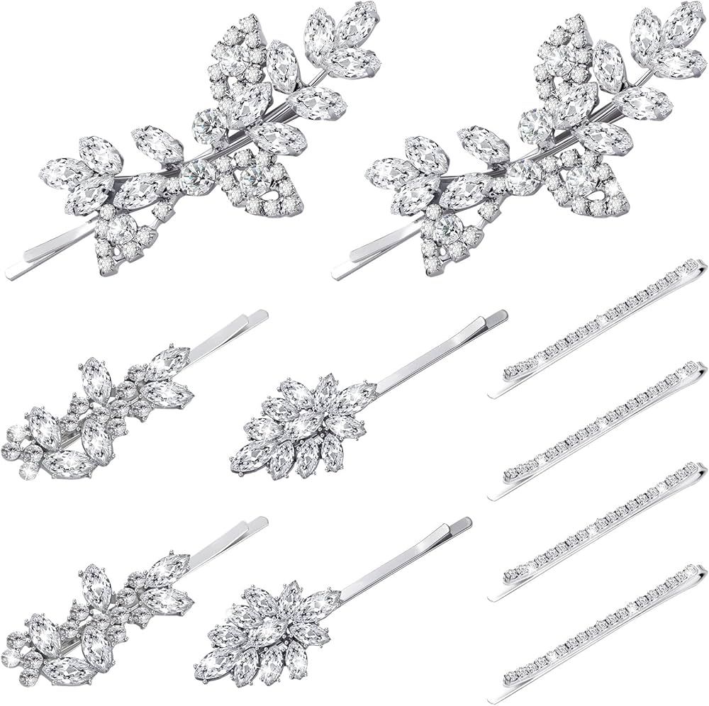 Janinka 10 Pieces Rhinestone Wedding Hair Clips Bridal Hair Pins Crystal Bobby Pins Silver Hairpi... | Amazon (US)