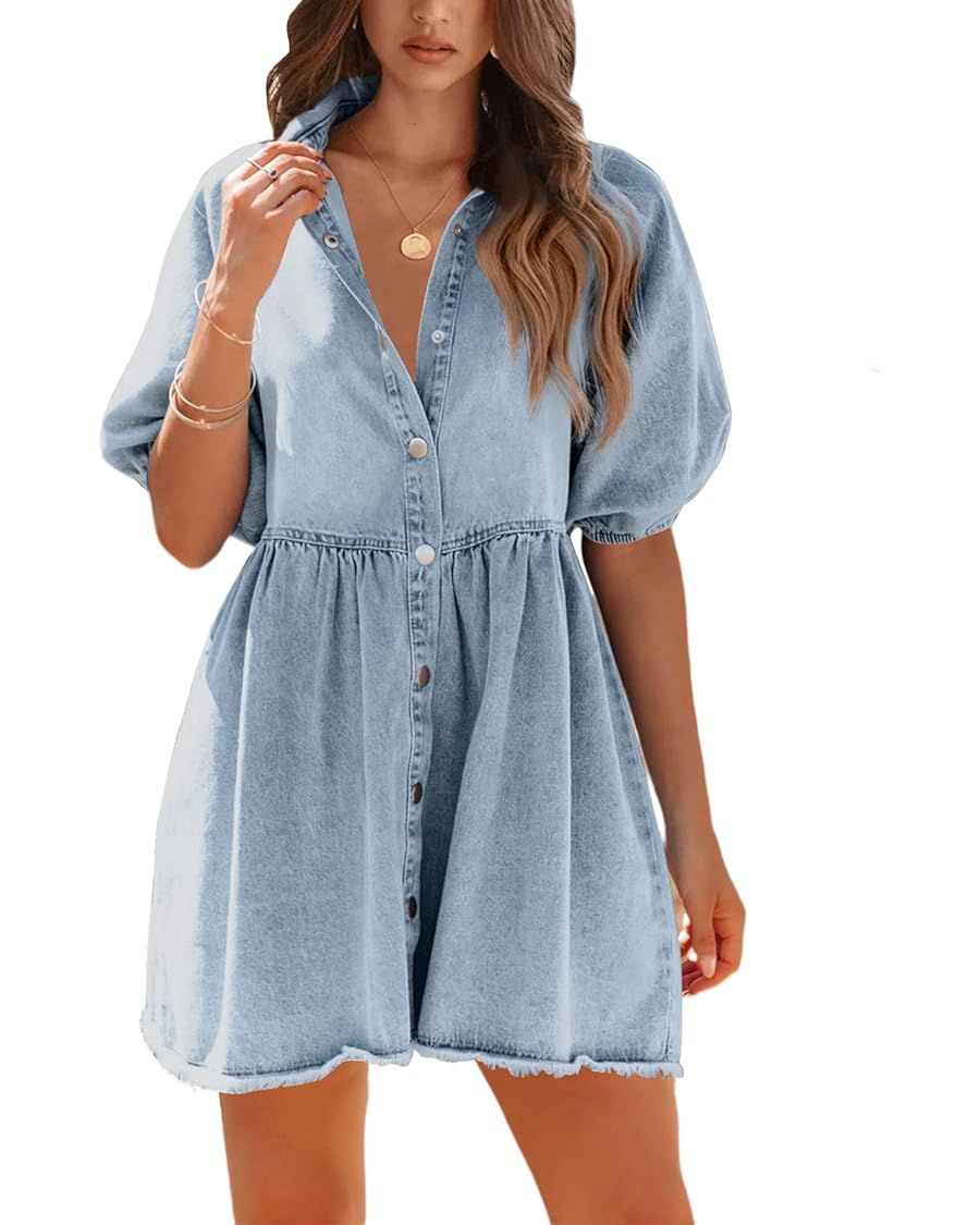 Pepochic Womens Summer Denim Dress Button Down Short Sleeve Babydoll Dress Puff Sleeve Flowy Jean... | Amazon (US)