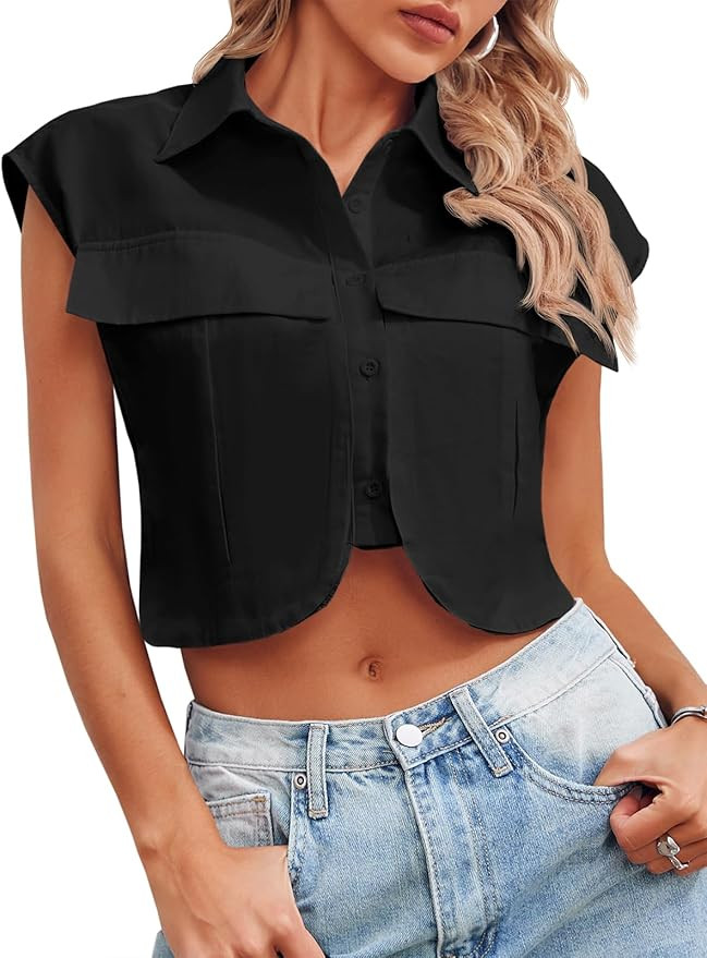 Tankaneo Womens Button Down Shirts Cute Summer Cap Sleeve Crop Tops Blouse | Amazon (US)