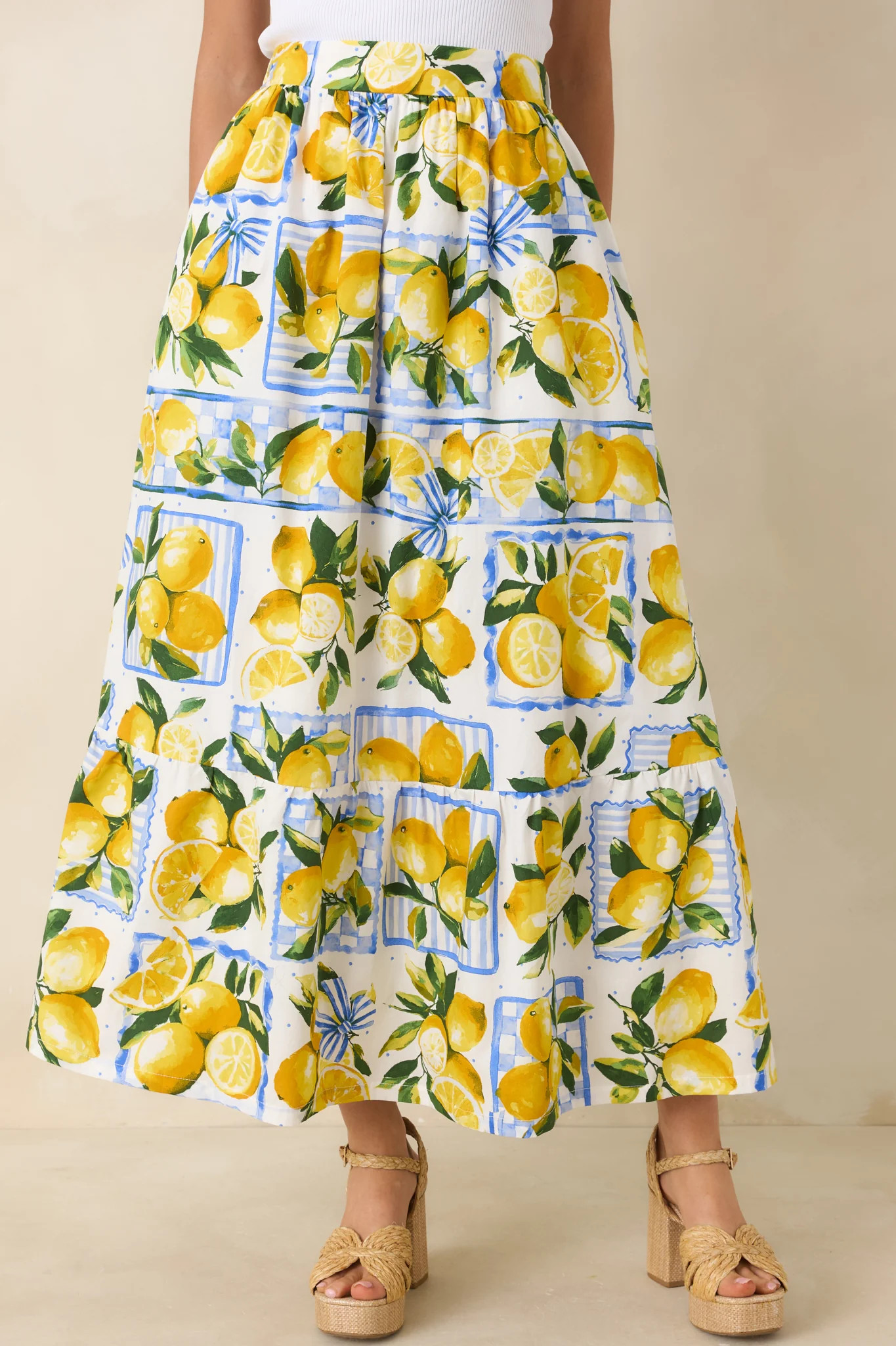 Sweet Citrus Charm White Multi Lemon Print Cotton Maxi Skirt | Red Dress