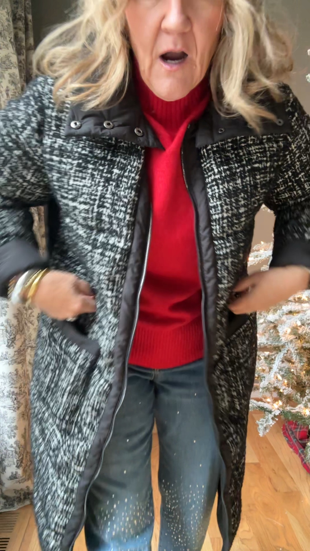 This tweed puffer coat is the real deal. Super warm. High collar snaps off. 

25% off stock up sale. Wearing a large. 

Jeans size 29
Sweater is a medium 
Chelsea boots are waterproof. Highly recommend them! I size up a 1/2 for room for socks. 

Cold weather coat, winter coat, tweed puffer jacket, Bernardo coat, LOFT jeans, red sweater, red turtleneck LOFT sweater outdoor holiday Christmas lights, outfit Montreal outfit

#LTKOver40 #LTKHoliday #LTKSaleAlert