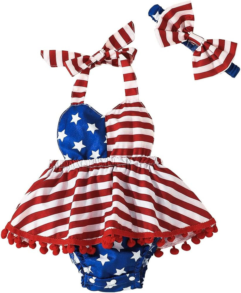 Noubeau 4th of July Infant Baby Girl Outfits American Flag Halter Romper Pom Pom Backless Dress B... | Amazon (US)