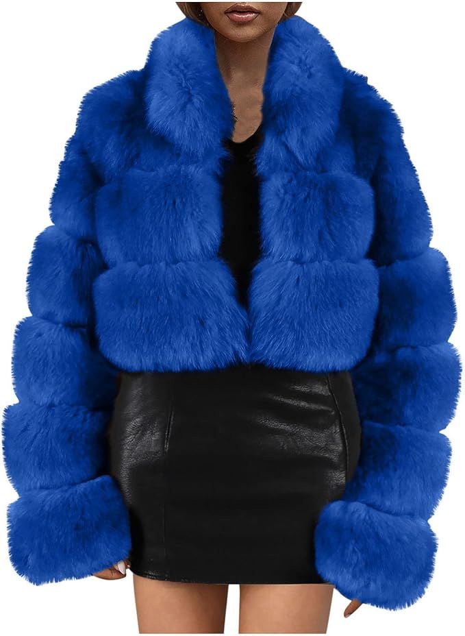 Bidobibo Faux Fur Coat Women Cropped Bubble Winter Coats Open Front Lapel Warm Clothes Plus Size ... | Amazon (US)