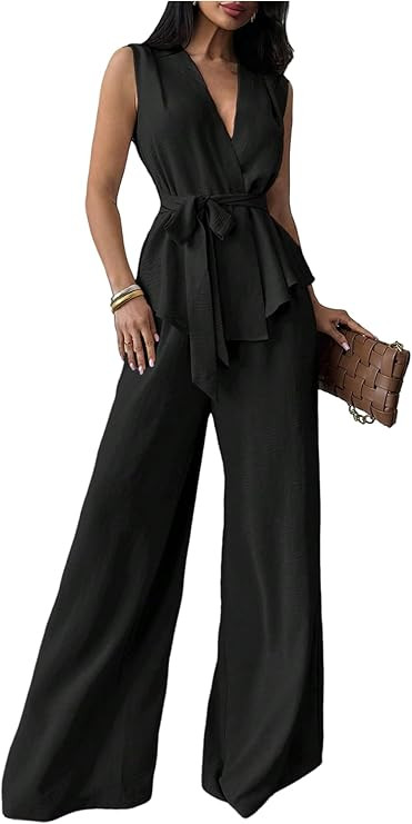 Verdusa Women's 2 Piece Old Money Clothes Tie Waist Wrap Vest with Dress Pants Clothing Sets | Amazon (US)