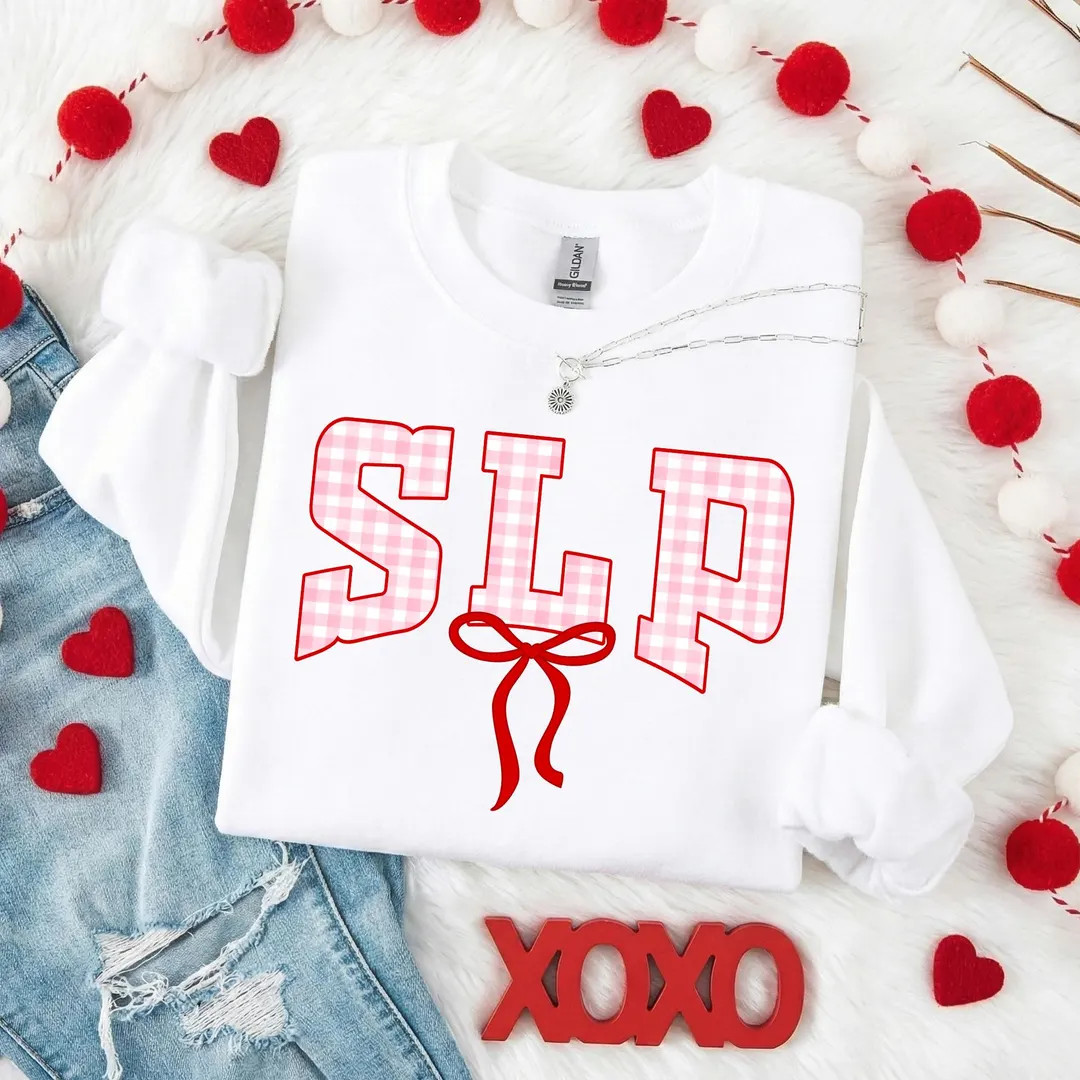 SLP Pink Gingham Letters With Bow Sweatshirt | Speech Language Pathologist, Valentine's Day Speec... | Etsy (US)