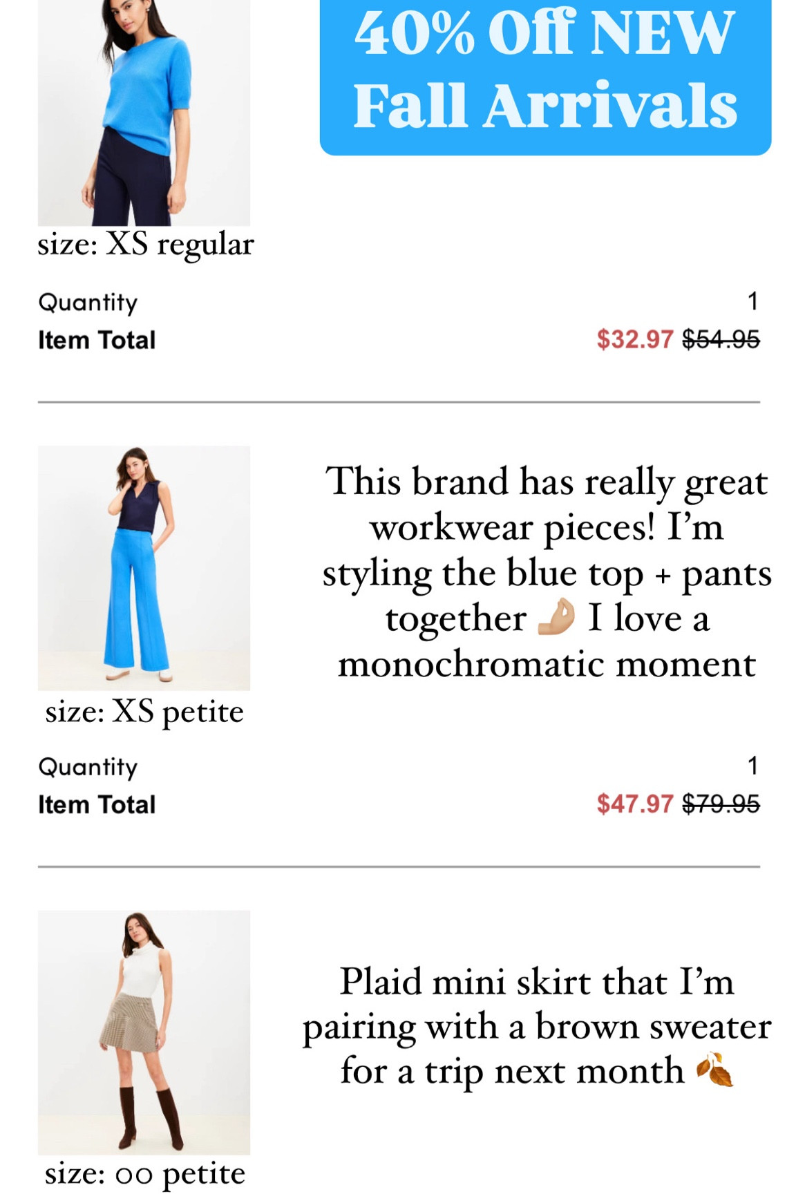 40% OFF / blue ponte wide leg pants (size XS petite) / blue short sleeve sweater (size: XS reg) / plaid mini skirt (size: 00 petite) / plaid flounce mini skirt 

#LTKSeasonal #LTKSaleAlert