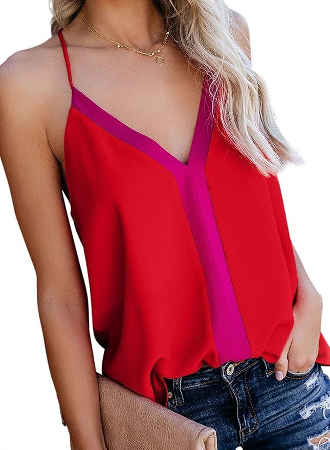 AlvaQ Women's Summer Colorblock V Neck Strappy Tank Tops Loose Casual Sleeveless Shirts Blouses S-XX | Amazon (US)
