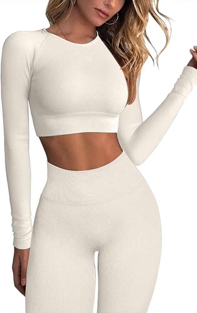 QINSEN Seamless Workout Outfits for Women 2 Piece Ribbed Long Sleeve Crop Top Tummy Control Leggings | Amazon (US)