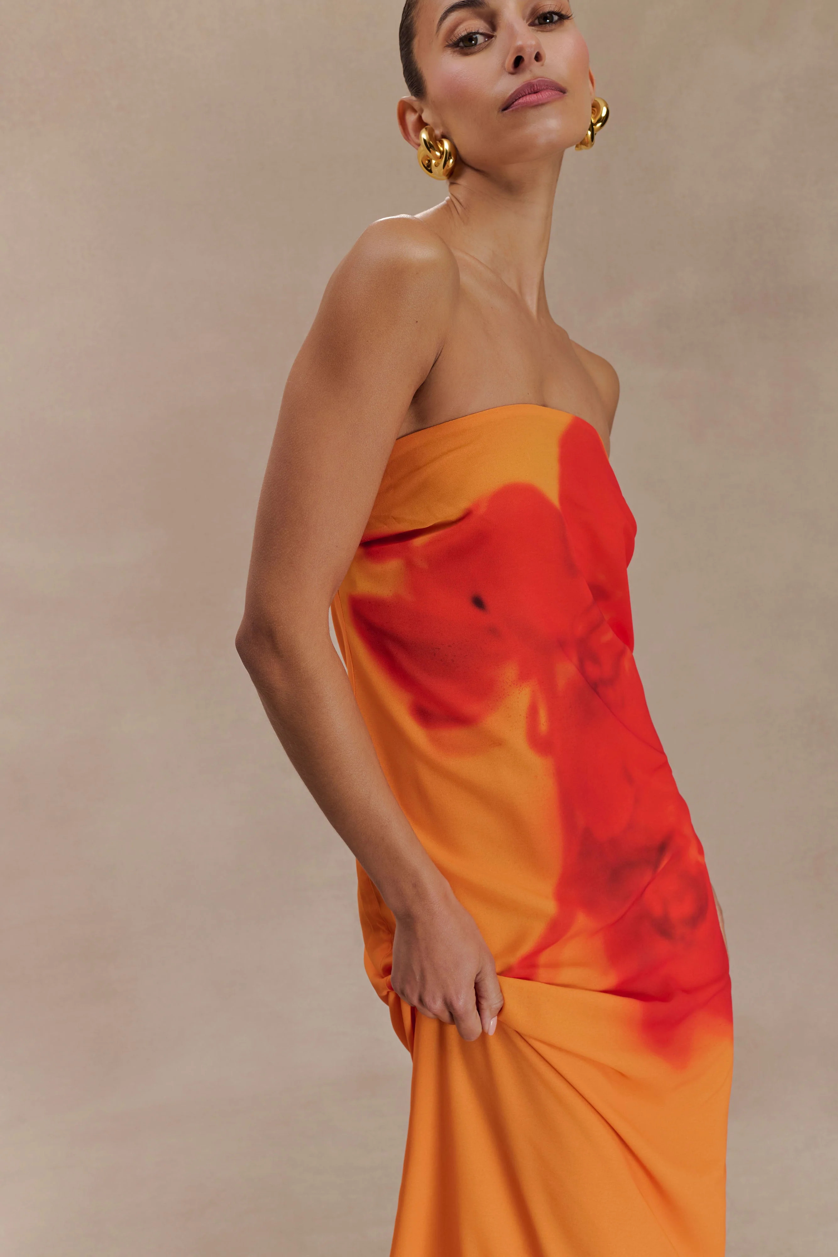 Strapless Chiffon Maxi Dress - Koi Orchid Print | MESHKI US