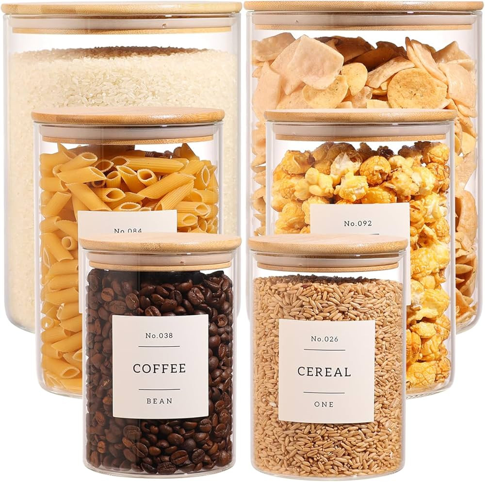6-Pack Borosilicate Glass Storage Jars with Bamboo Lids + 132 Pre-Printed Pantry Labels Included,... | Amazon (US)