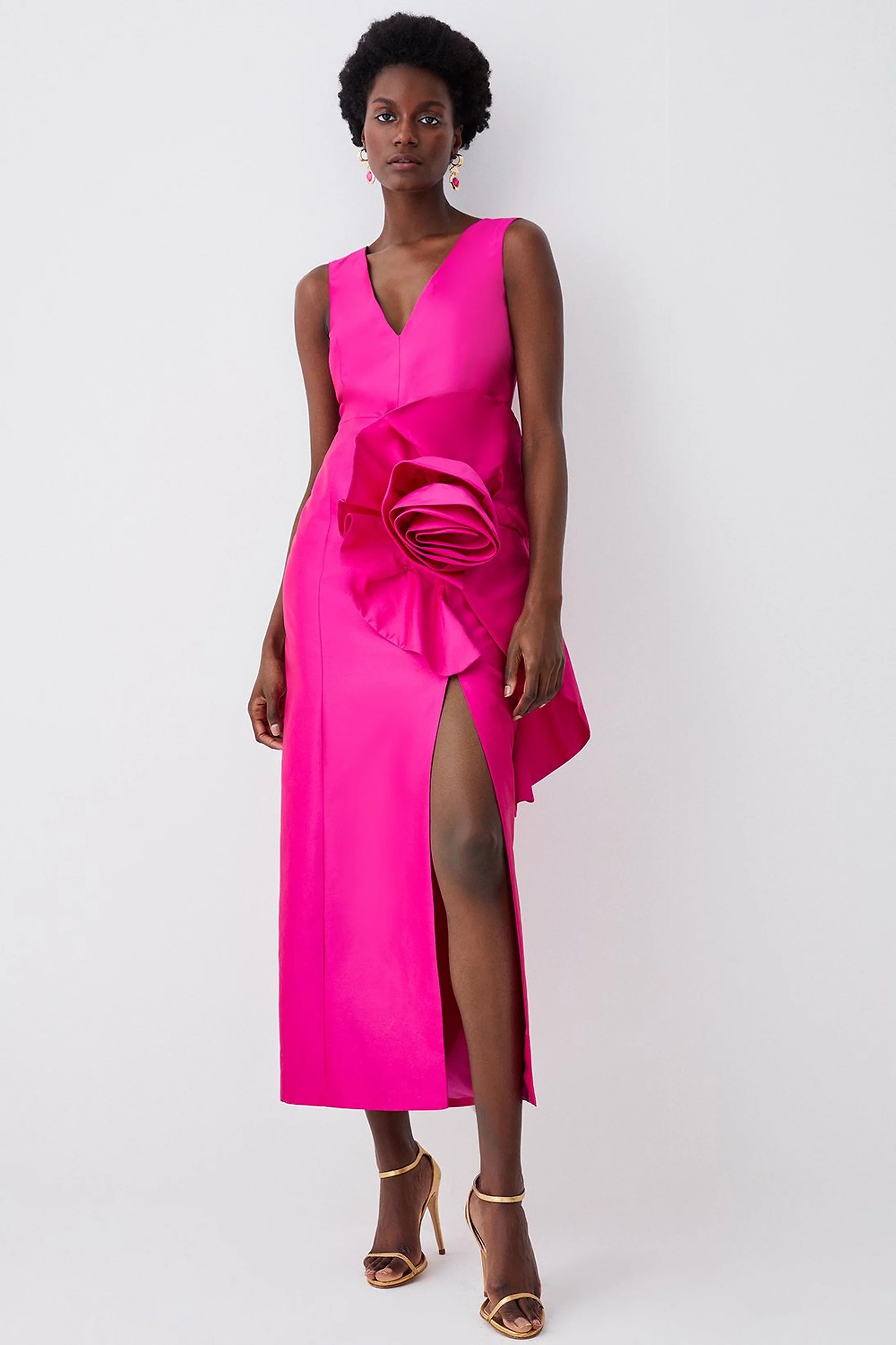 Rosette Taffeta Column Midi Dress | Karen Millen US
