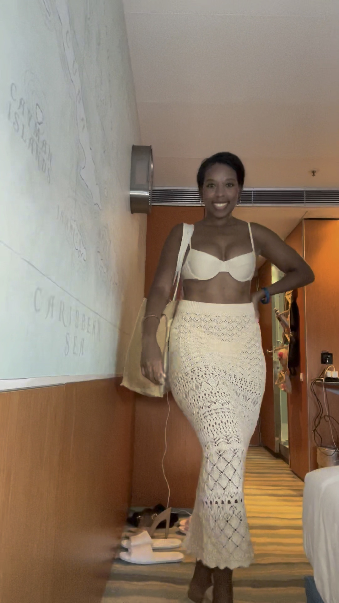 Beige crotchet maxi skirt with a high split in the back - wearing a size M 

Vacation outfits/swimwear/bikinii

#LTKVideo #LTKstyletip #LTKswim