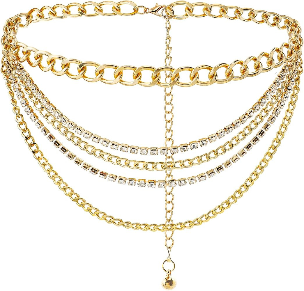 Suyi Multilayer Chain Belt Rhinestone Metal Chain Belts for Women Punk Gold Waist Chain | Amazon (US)