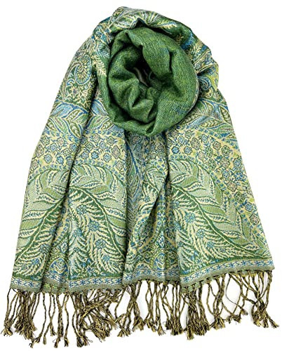 Plum Feathers Pashmina Scarf with Ethnic Tapestry Style Paisley Pattern - 67" x 28" Everyday Pashmina Travel Wrap and Shawl (Green Tropical Paisley) | Amazon (US)