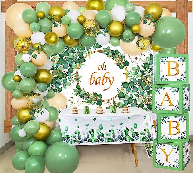 Sage Green Baby Shower Decorations with Baby Boxes Gender Neutral Balloons Garland Arch Kit Oh Ba... | Amazon (US)