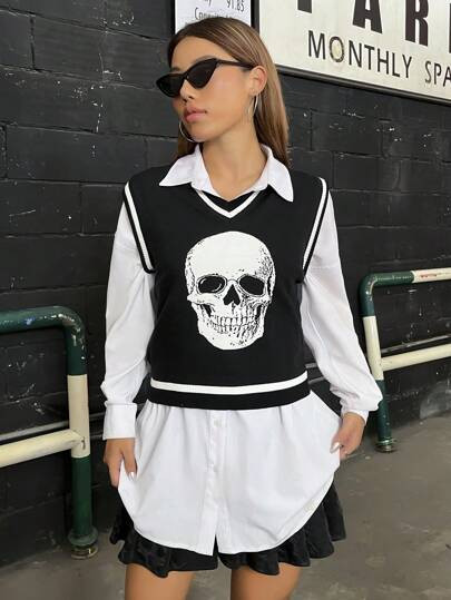 SHEIN Coolane Halloween Skull Pattern Striped Trim Sweater Vest Without Blouse | SHEIN