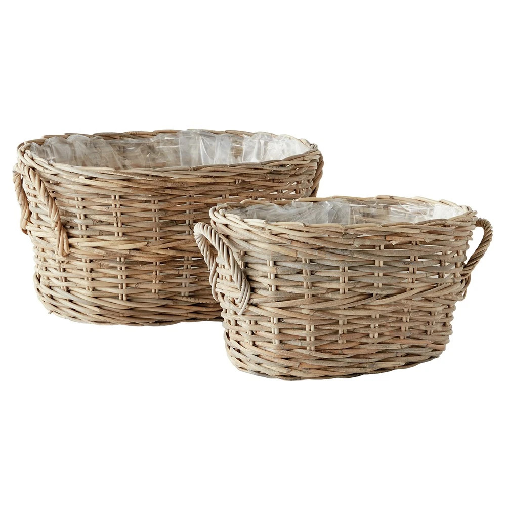 Norman Traditional Natural Woven Rattan Oval Decorative Planter - Set of 2 | Kathy Kuo Home