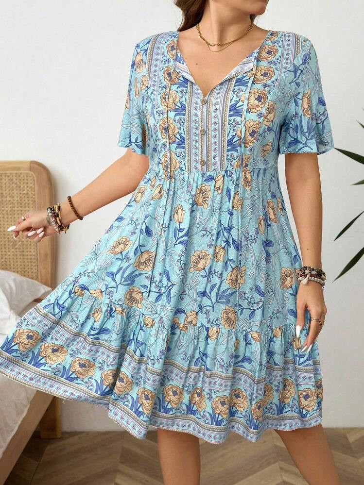 SHEIN LUNE Plus Size Floral Print Tie Neck Casual Vacation Short Sleeve Dress Plus Size Women Casual Cashew Ditsy Floral Short Sleeve Holiday Dress Vacation Style Bohemian Dress,Summer Dresses For Women Plus Size Boho Dress Plus Size Summer Dress Plus Size Floral Dress Fall Women Clothes School Clothes Teacher Outfits For Women Country Outfits Women Fall Clothes For Women Fall Outfits Women Dresses For Women Casual Bandana Surplice Neck Pocket Belted Flutter Hem Maxi Dress | SHEIN