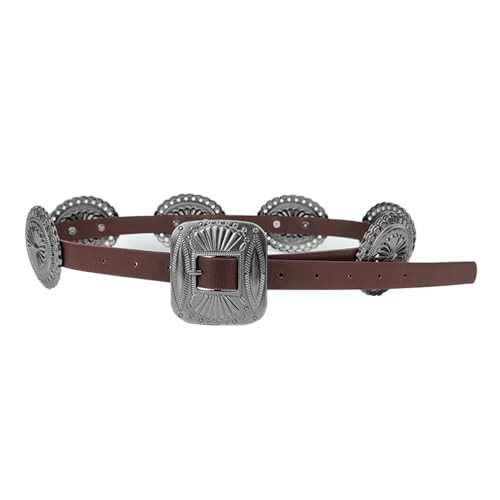 HNZVWH Western Thin Concho PU Leather Belt for Women Cowgirl belts with Embossed Silver Buckle for Dress Jeans Pants (Coffee,fits waist 29-38") | Amazon (US)