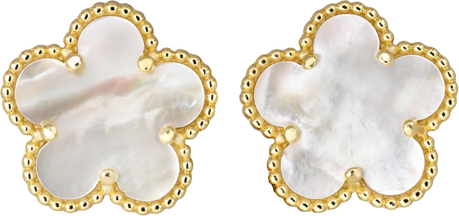 925 Sterling Silver 14K Yellow Gold Plated Hawaiian Plumeria Clover Flower Motif Beaded Stud Earr... | Amazon (US)