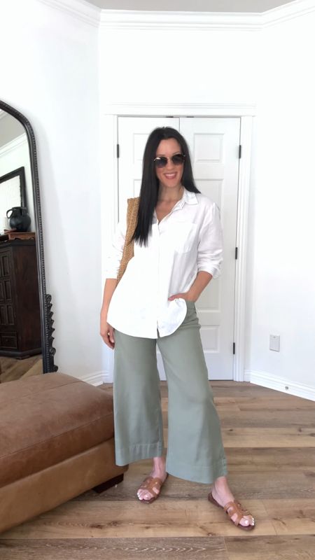 Outfit inspo for an easy Sunday. 

Sizing:
Pants-Evereve, in 28, need 27, run TTS with stretch 
Linen button down-Gap Factory oversized, in XL, could do large

Easy outfit | spring outfit | summer outfit | casual outfit | Sam Edelman bay slides vacation outfit | green linen pants

#LTKstyletip #LTKfindsunder50 #LTKover40