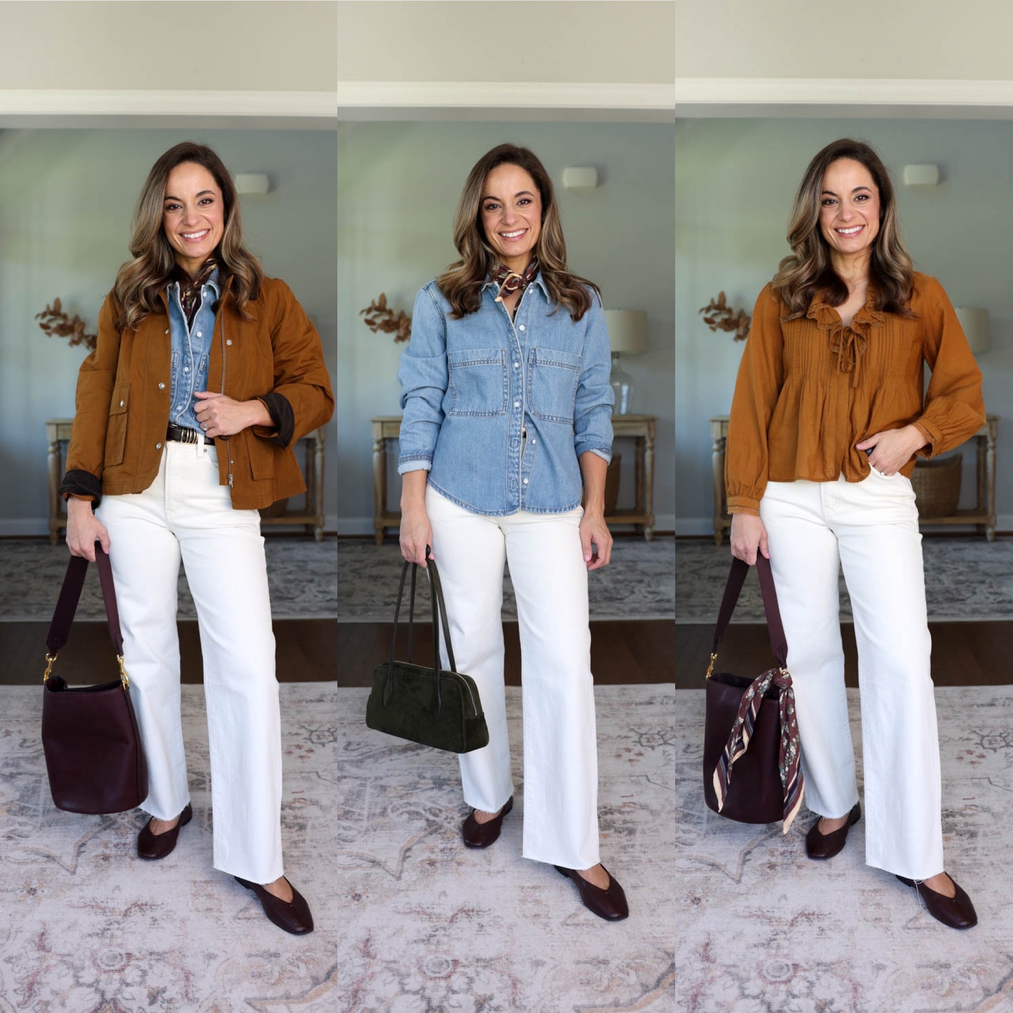 The fall 2026 casual capsule wardrobe series: ecru jeans styled multiple ways. 

Ecru Jeans (Madewell): 24 / 10 7/8” rise / 27” inseam (they also come in petite with a 10 3/8” rise / 25” inseam) 

Gray Cardigan (Quince): xs 
Striped Sweater (Madewell): xs 
Brown Marled Sweater (Gap): petite xs 
White Sweater (Gap): petite xs 
White T-Shirt (Old Navy): petite xs 
Denim Top (Target): small (sized up) 
White Button Down (Quince): xs 
Orange Top (Madewell): xxs 
Dark Wash Jeans (J.Crew Factory): petite 24 / 10” rise / 28” inseam 
Corduroy Pants (BR Factory): petite 25 / 10” rise / 27.5” inseam 
Corduroy Dress (J.Crew): 00 (also comes in petite) 
Green Jacket (Ann Taylor): petite xxs 
Field Jacket (Madewell): xxs 
Corduroy Skirt (Gap Factory): 25 - sized up 

Included shoes are all true to size 

For size comparison, I’m 4’10” 105lbs. My measurements are 32”, 24”, 36”. I typically wear petite xxs/00/24 and have a 25” ankle inseam and a 27.5-28” full length inseam.

#LTKPetite