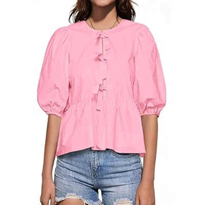 Tankaneo Womens Tie Front Tops Summer Peplum Babydoll Puff Sh… | Amazon (US)