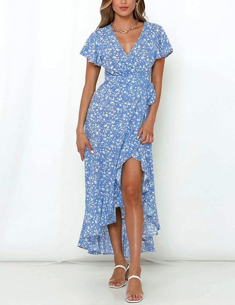 ZESICA Women's Summer Bohemian Floral Printed Wrap V Neck Beach Party Flowy Ruffle Midi Dress,Blue | Amazon (US)