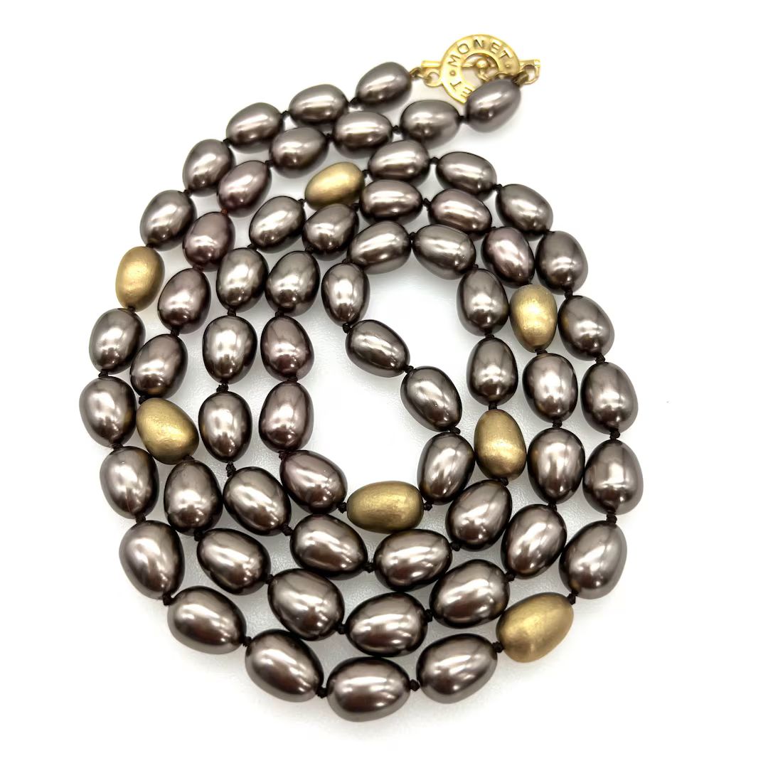 Monet Metallic Mauve Coated Potato-shaped Glass Pearl Hand-Knotted Long Necklace | Etsy (UK)