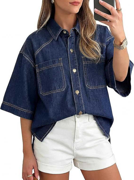 Women's Denim Shirt Button Down Jean Shirts Short Sleeve Blouses Casual Summer Tops Trendy Outfit... | Amazon (US)