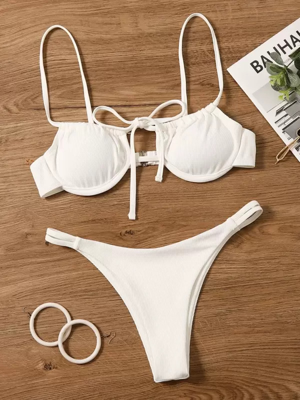Rib Tie Front Underwire Tanga Bikini Swimsuit | SHEIN
