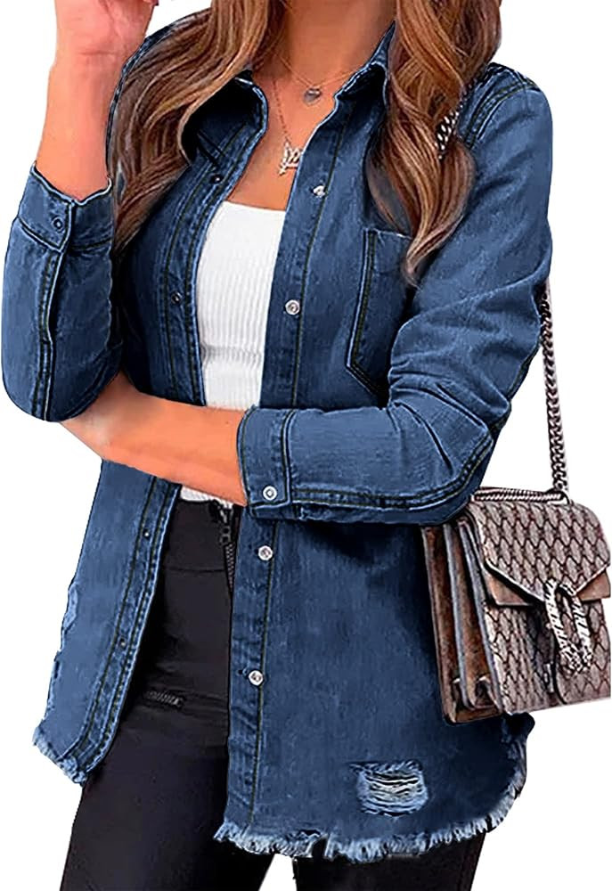 luvamia Womens Denim Jacket Distressed Button Down Jean Shirt For Women Ripped Shacket Coat | Amazon (US)