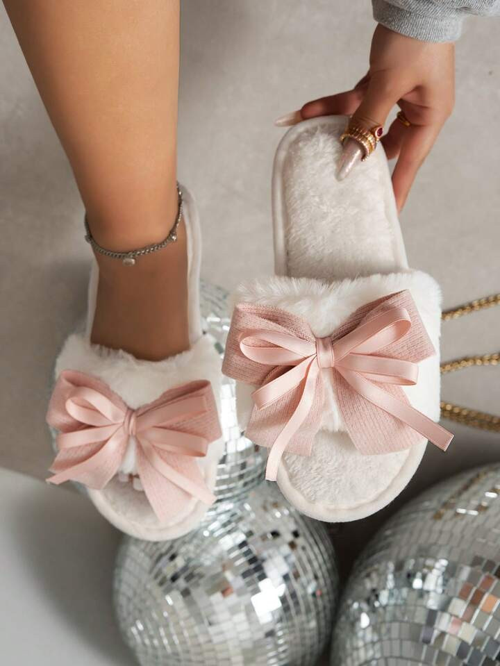 Women's Light Pink Bowknot Casual Preppy College Style Embroidered Slippers, Quiet Comfort Home U... | SHEIN