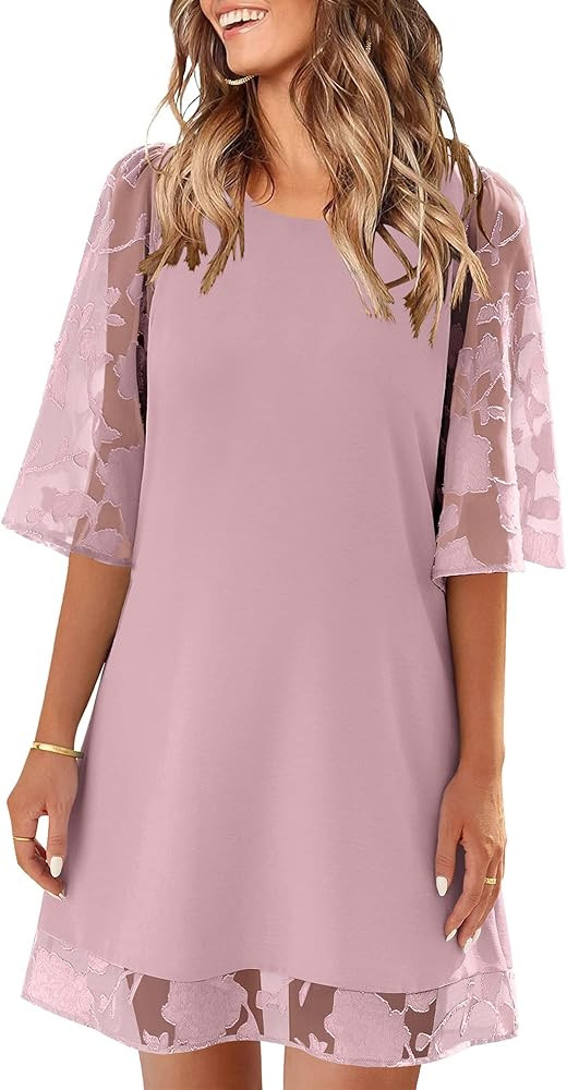 LookbookStore 3/4 Sleeve Dress for Women Shift Cute Summer Tunic Floral Lace Dresses | Amazon (US)