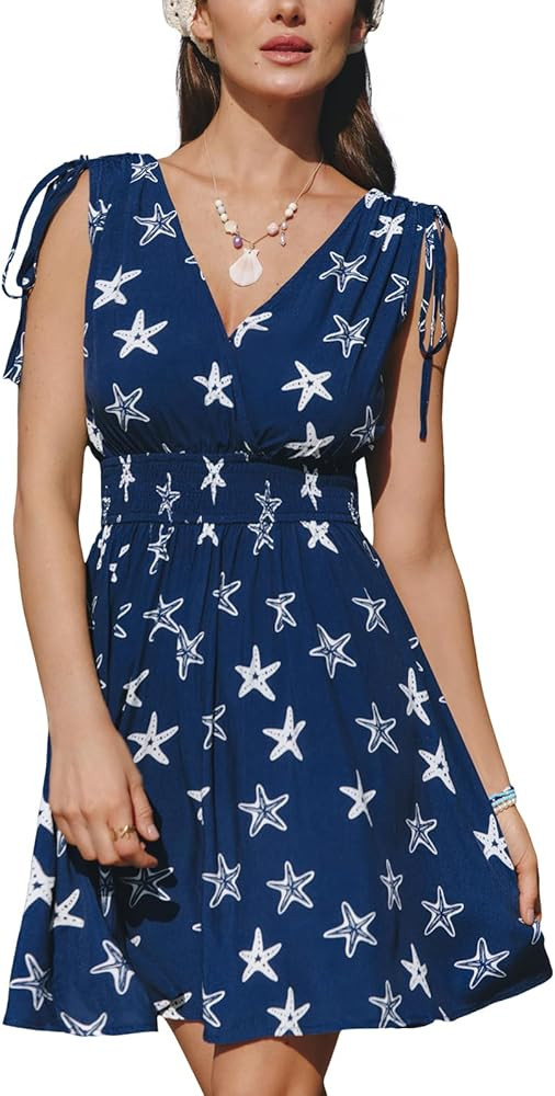 CUPSHE Women's Summer Beach Mini Dress V Neck Short Sleeve Paisley Printed Smocked Waist Short Dr... | Amazon (US)