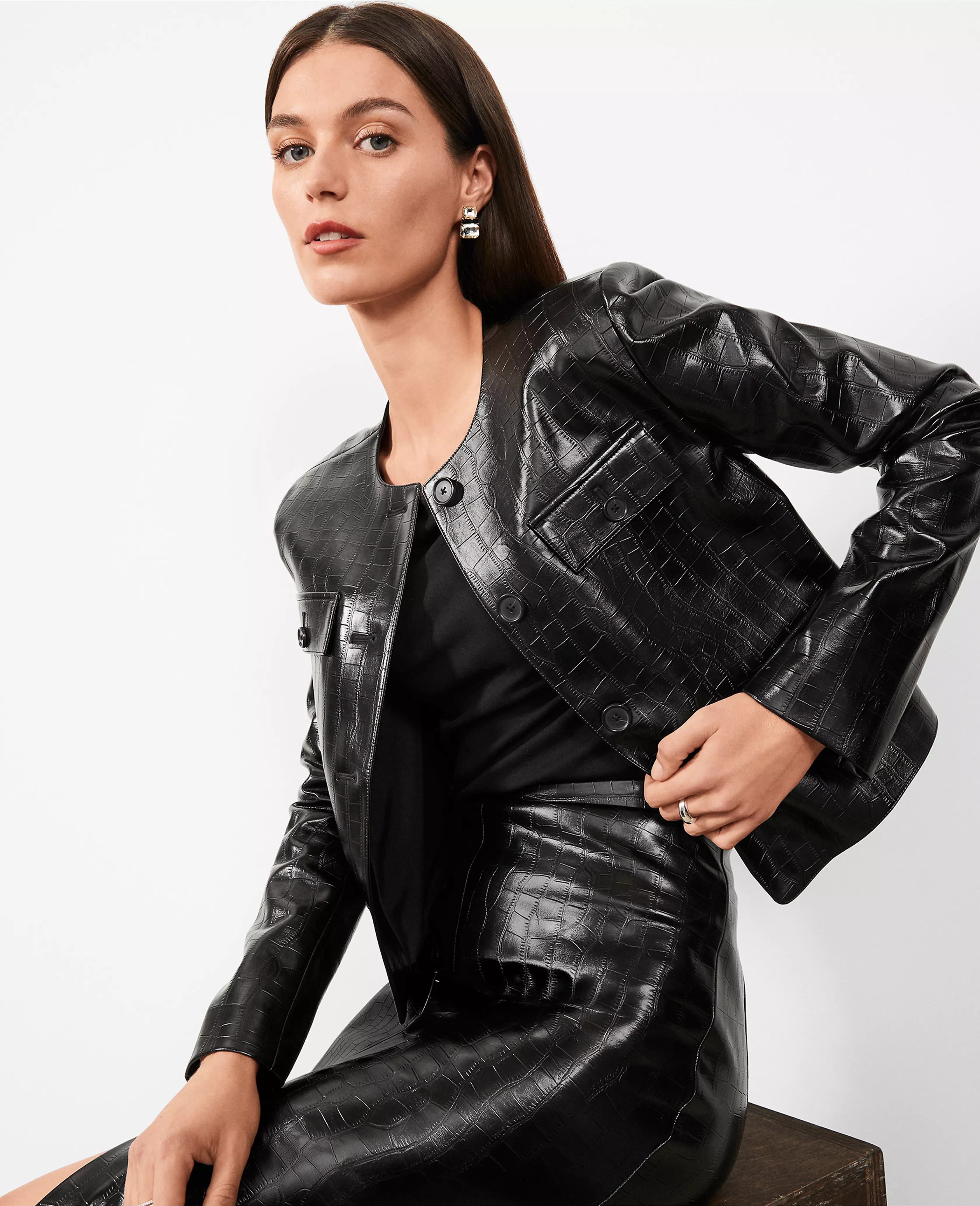 Embossed Faux Leather Cropped Jacket | Ann Taylor (US)