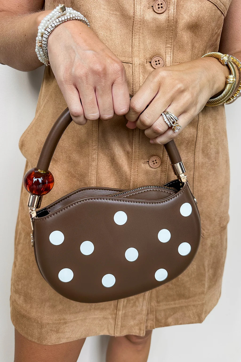 Melie Bianco Jennie Chocolate Polka Dot Handbag | Jules & James Boutique