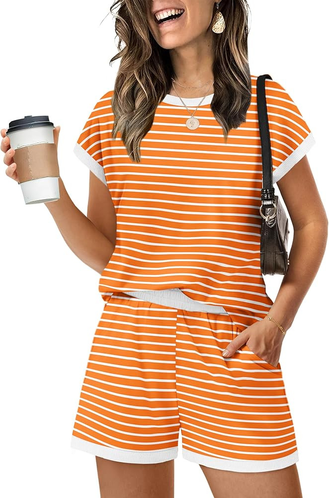 WIHOLL Two Piece Sets for Women Summer Lounge Short Sets Cap Sleeve Crew Neck Sweatsuit with Pock... | Amazon (US)