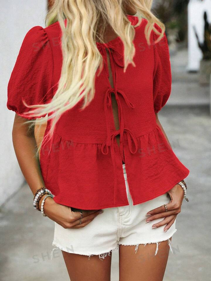 SHEIN Essnce Women's Round Neck Solid Color Puff Sleeve Tie-Up Holiday Shirt | SHEIN