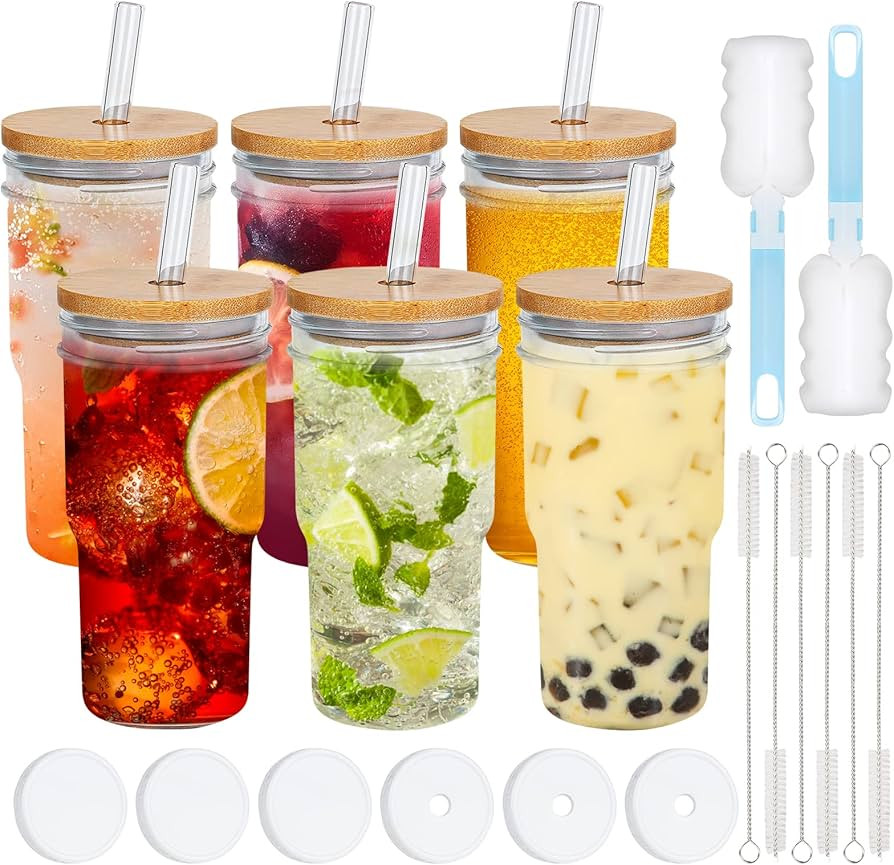Yorkaan 22oz Glass Tumbler Cups with Bamboo Lid and Straw, Mason Jar Drinking Glasses Tumbler Cup... | Amazon (US)