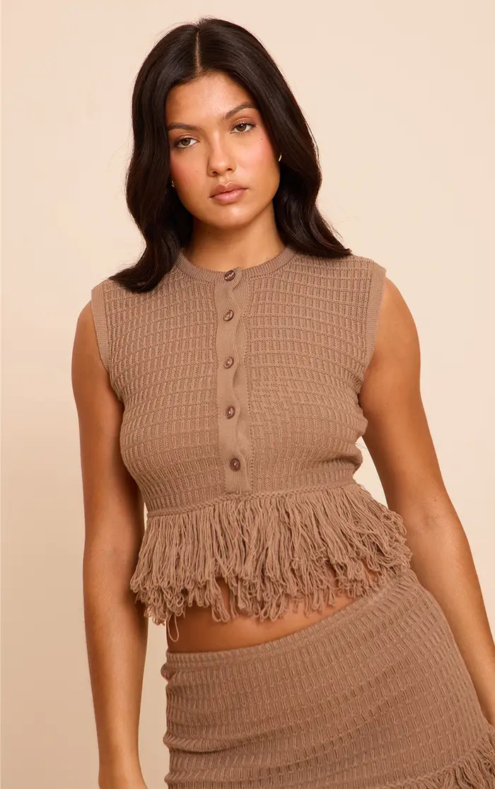 Mocha Button Up Fringe Cardigan | PrettyLittleThing US