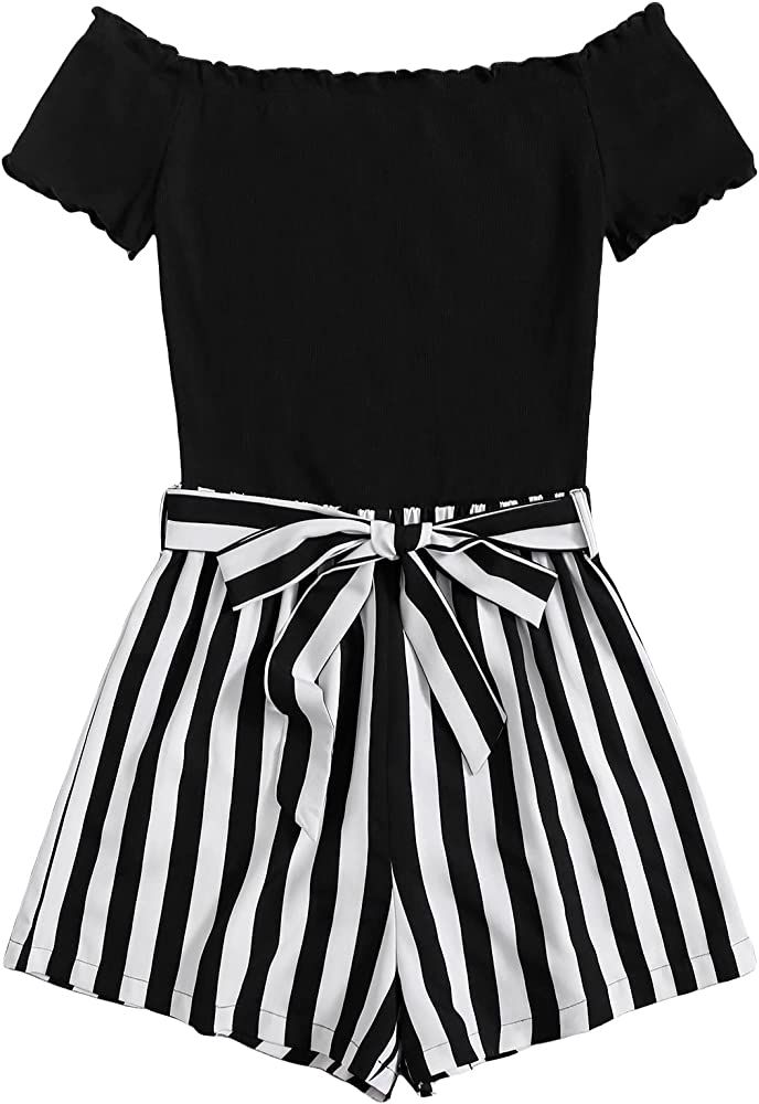 SOLY HUX Women's Striped Off Shoulder Short Sleeve High Waist Belted Romper Short Jumpsuit | Amazon (US)