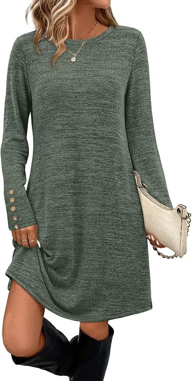 OFEEFAN Long Sleeve Dress for Women Crew Neck Tunic Dress with Pockets Decorative Buttons | Amazon (US)
