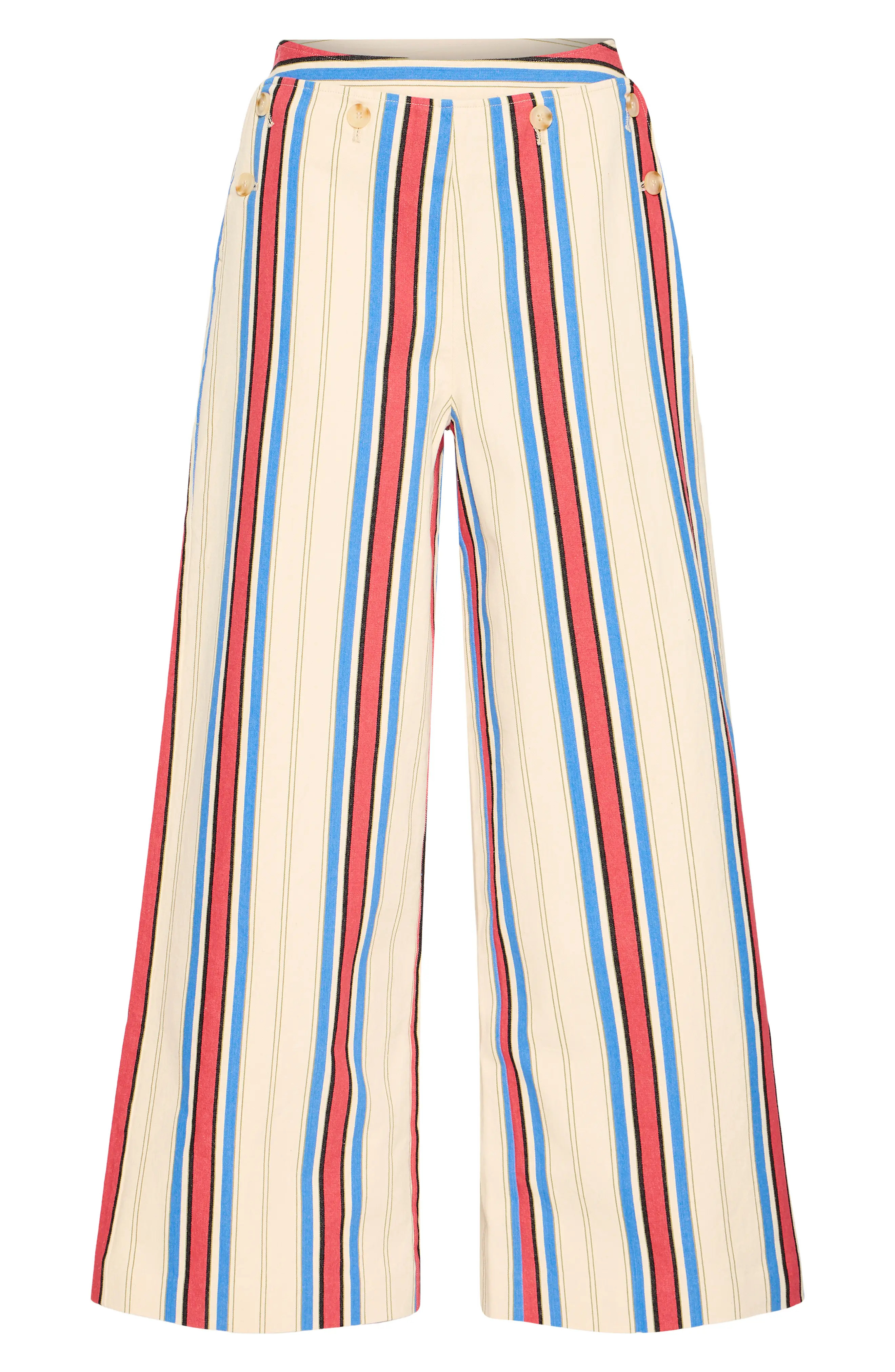 ICHI Iherina Pleated Stripe High Waist Pants in Blue And Red Stripe at Nordstrom, Size 10 Us | Nordstrom