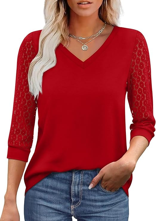 XIEERDUO 3/4 Length Sleeve Womens Tops V-Neck Lace Tunic Tops Business Casual Outfits Work Blouse... | Amazon (US)